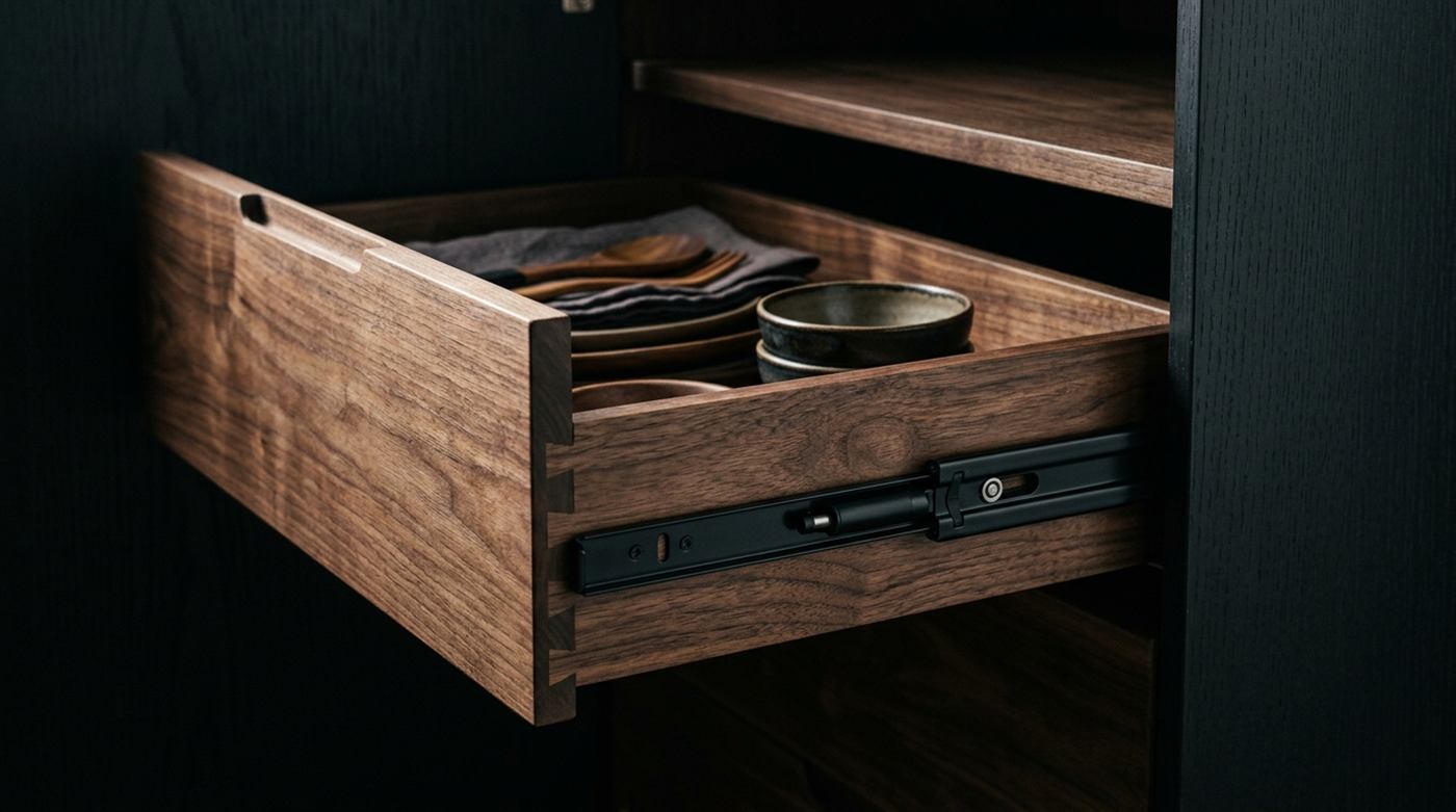 Dovetailed wood drawer on a soft-close undermount glide, the hardware standard Giovanni Kitchens installs